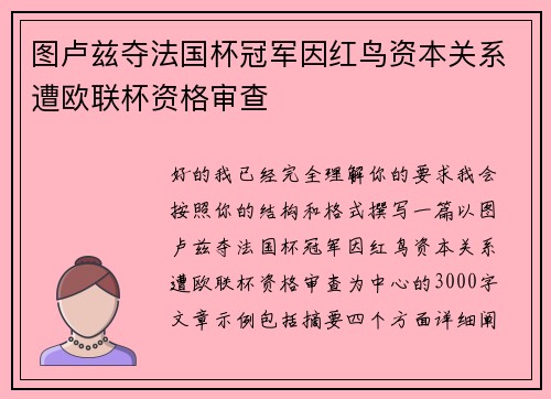 图卢兹夺法国杯冠军因红鸟资本关系遭欧联杯资格审查