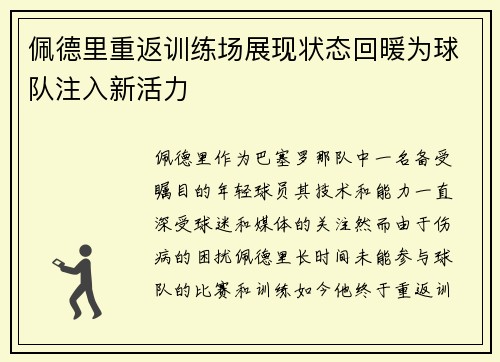佩德里重返训练场展现状态回暖为球队注入新活力