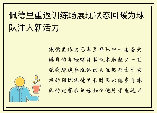 佩德里重返训练场展现状态回暖为球队注入新活力 佩德里重返训练场展现状态回暖为球队注入新活力
