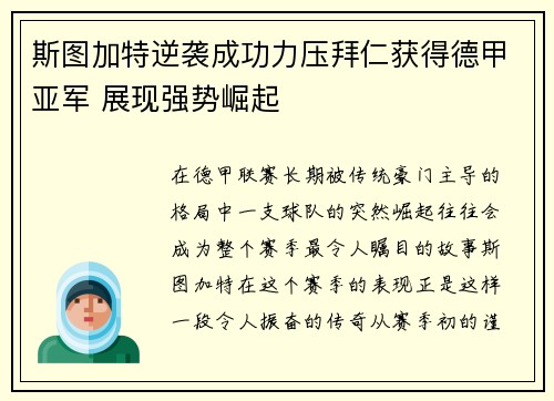 斯图加特逆袭成功力压拜仁获得德甲亚军 展现强势崛起